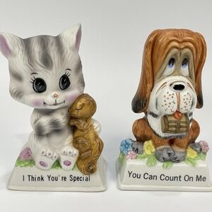Vintage Russ‎ Berrie & Co. Porcelain Cat  & Saint Bernard Dog Figurines 1979